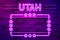 Utah US State glowing purple neon lettering and a rectangular frame with stars