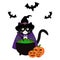 Ð¡ute black halloween cat - witch in a purple cloak and a black hat