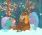 Ð¡ute child and bear eat ice cream in a festive forest, bright c