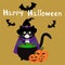 Ð¡ute halloween black cat in a purple cloak and a black hat. With a pot of potion, bats and pumpkins