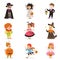 Ute happy little kids in different colorful halloween costumes set, Halloween children trick or treating vector