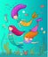 Ute little mermaids. cartoon girls with fish tails. Marine theme