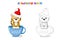 Ð¡ute little tiger in a Santa hat is sitting in a blue cup. Coloring page and colorful clipart. Cute design for t shirt print,