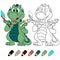 Ð¡ute mint dragon with toothpaste and toothbrush coloring book version.