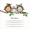 Ð¡ute owls on a tree branch with space for text.