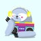 Ð¡ute sloth listening to music on headphones with tape recorder. vector illustration