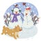 ?ute snowmen in nature with a cheerful corgi dog