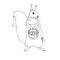 Ð¡ute squirrel with basket walnuts, in scarf. Monochrome hand drawn cartoons sketch