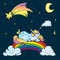 Ð¡ute Unicorn sleep on the rainbow,sky with moon,stars and comet