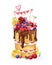 Ð¡ute watercolor cake with a layer of cream and chocolate icing, decorated berries and fruts