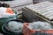 Utensils of a fisherman with nets, boxes and buoys