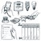 Utility bills payment design elements. Vector sketch illustration of gas invoice, electricity meter and heating system