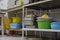 Utility dishes washed in the dishwasher area, in the kitchen of the restaurant