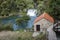 Utility house and waterfall in Krka National Park, Croatia