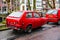 Utrecht, Netherlands - January 08, 2020. Old three wheels red car Reliant Robin