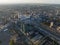 Utrecht skyline and central station public transport infrastructure and business district. Aerial drone overhead view