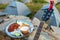 Uttarakhand camping vibes: Rajma-chawal feast with curd and salad, set against tents and guitar strums