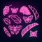 UV ultra violet luminous neon light effect editable template. Jungle rainforest plants, butterfly, retro techno acid