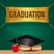Uxury graduation party invitation card with hat, paper, apple on the green board. graduate school collage celebration event