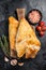 Uzbek and Central Asia samsa, samosa pies. Black background. Top view