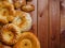 Uzbek national bread on wooden table on dark background