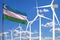 Uzbekistan alternative energy, wind energy industrial concept with windmills and flag industrial illustration - renewable