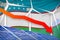 Uzbekistan solar and wind energy lowering chart, arrow down - renewable natural energy industrial illustration. 3D Illustration