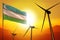 Uzbekistan wind energy, alternative energy environment concept with wind turbines and flag on sunset industrial illustration -