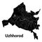 Uzhhorod city map, Ukraine. Municipal administrative borders, black and white area map with rivers and roads, parks and railways