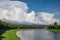 UZHHOROD, UKRAINE - JUNE 25, 2020:  Panorama of the river Uzh and the central part of the Uzhhorod city