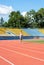 UZHHOROD, UKRAINE - SEPTEMBER 5, 2020: Male teen athlete training on a running track on a stadium
