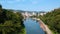 Uzice City, Western Serbia. Aerial View of River Dam Beach and Cityscape