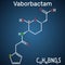 Vaborbactam drug molecule. Structural chemical formula and molecule model on the dark blue background