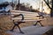 A vacant bench in a park at sunset