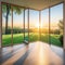 An vacant room with an opening glass windows that let in morning a balcony with a garden view of and a peaceful interior design