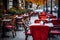 Vacant Seating Serene Outdoor Cafe or Restaurant with Empty Chairs. Generative AI