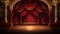 A vacant theater stage surrounded by ornate gold curtains and a majestic red velvet backdrop.