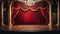 A vacant theater stage surrounded by ornate gold curtains and a majestic red velvet backdrop.