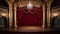 A vacant theater stage surrounded by ornate gold curtains and a majestic red velvet backdrop.