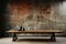 Vacant timber table, rustic warmth aligns with urban concrete wall, visual narrative