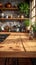 Vacant wooden table, kitchen space ready for meals and conviviality