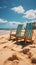Vacation ambiance Sandy beach features beach chairs, blue sky, and warm sunlight
