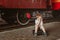 Vacation with children. A boy sits on a suitcase on the platform at the train station. A train is waiting, it is boring for him to