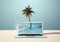 vacation computer concept palm laptop tropical tree summer travel beach. Generative AI.