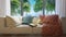 Vacation concept background with interior elements,palms and open book