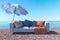 Vacation concept background with interior elements and sea beach