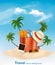 Vacation concept. Beach with a palm tree, a photograph and a bea