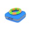Vacation concept with a blue luggage and floating ring, 3d render
