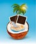 Vacation concept. Palm tree, photos and beach chair