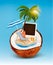 Vacation concept. Palm tree, suitcase and a photo in a coconut.